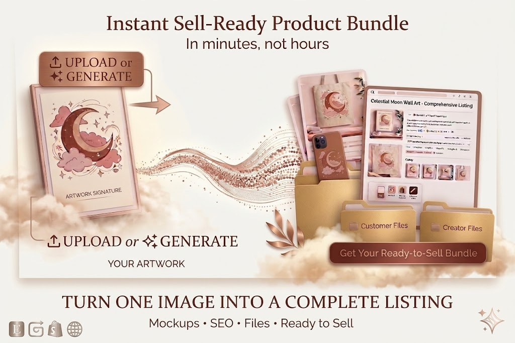 Upload or generate artwork → Instant sell-ready product bundle with mockups, SEO, customer files, and creator files